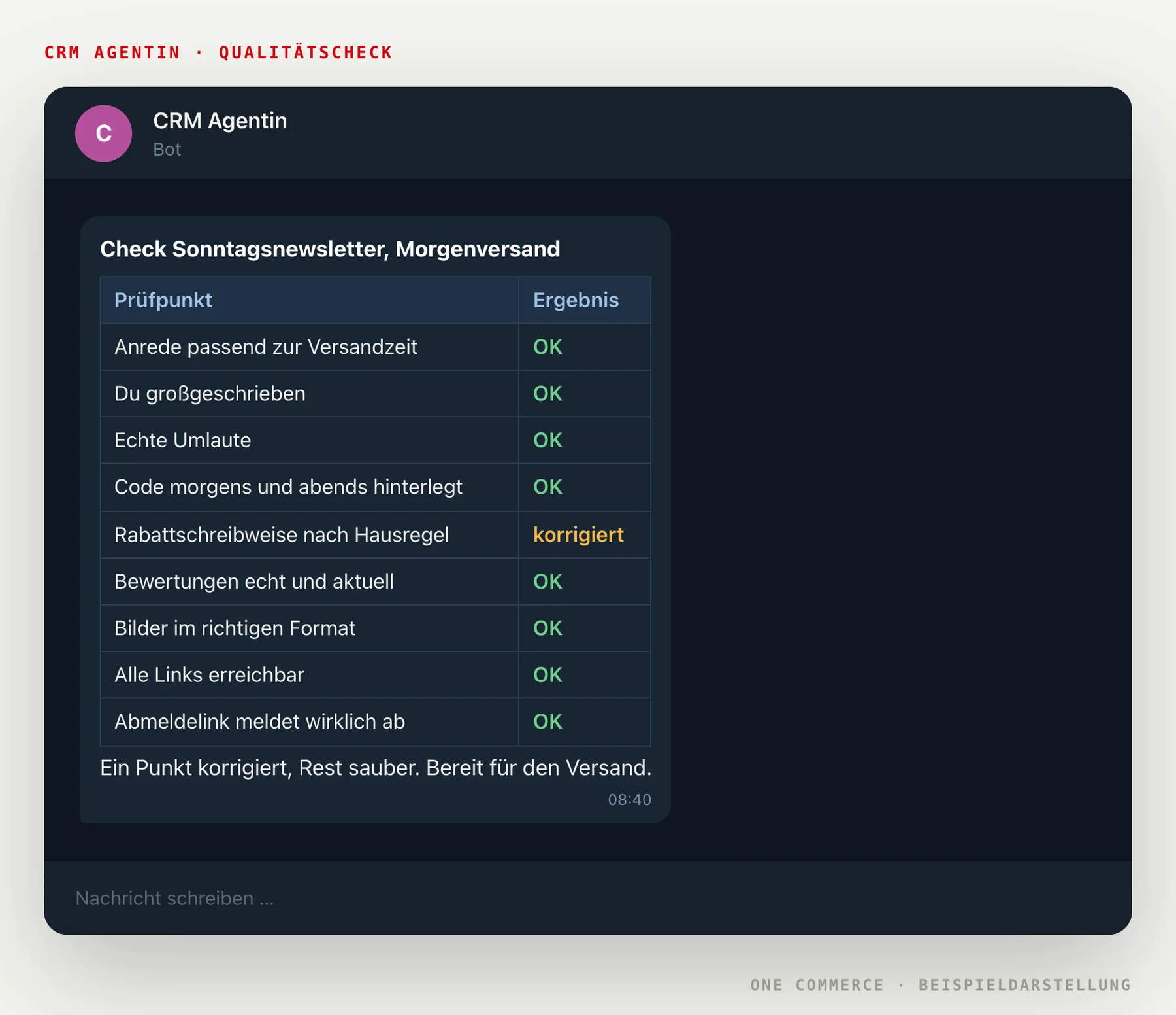 Newsletter Qualitätscheck als Checkliste: Anrede, Umlaute, Codes, Rabattschreibweise, Links und Abmeldelink, alle Punkte geprüft