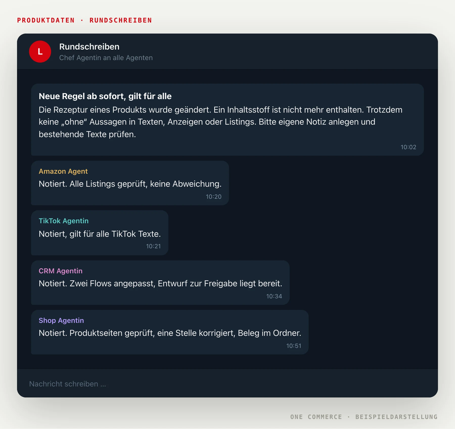 Rundschreiben der Chef Agentin an alle Agenten zu einer geänderten Pflichtangabe, mit Bestätigungen von Amazon, TikTok, CRM und Shop Agentin