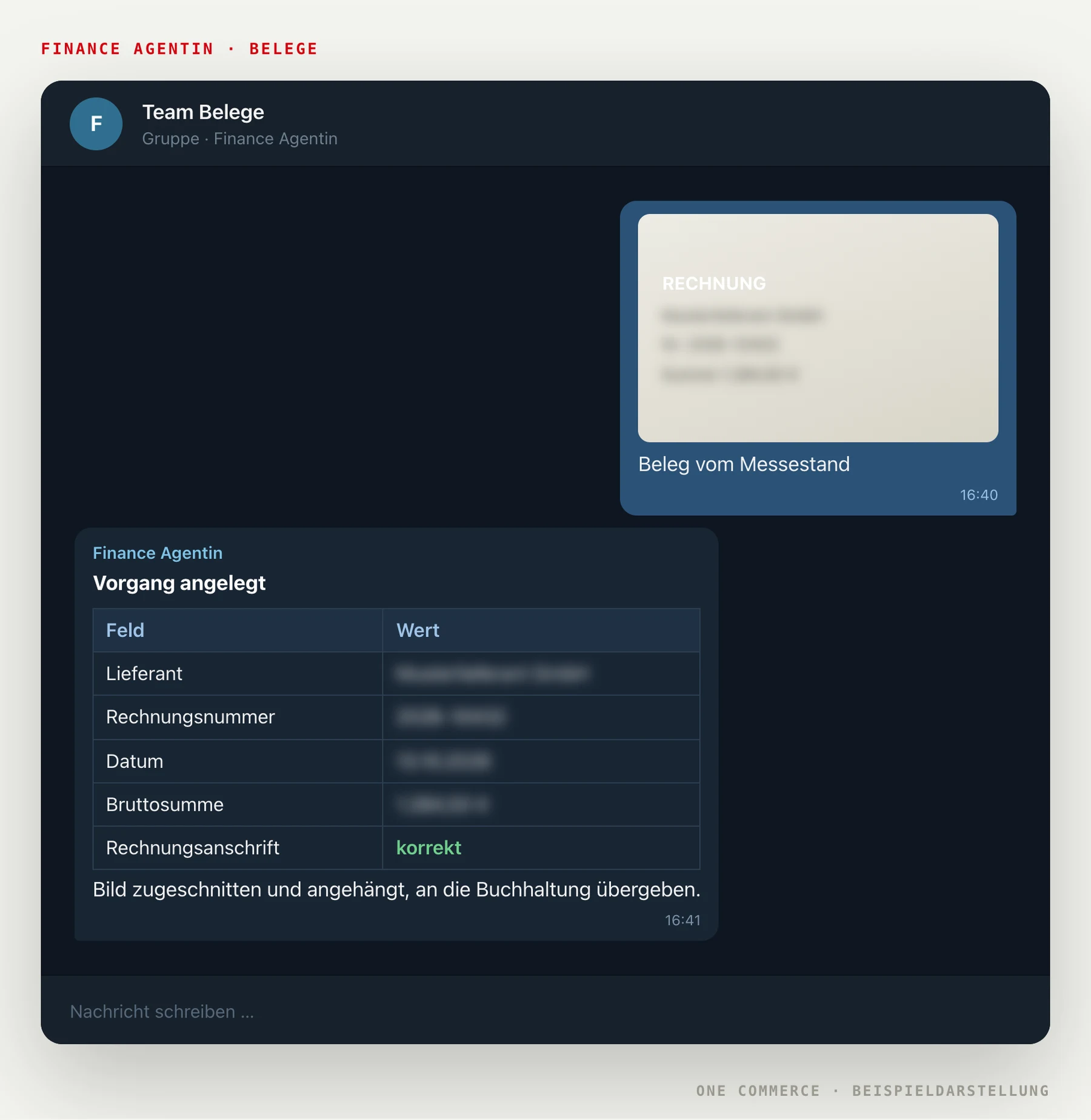 Belegfoto im Chat wird zum Vorgang: die Finance Agentin liest Lieferant, Rechnungsnummer und Datum aus und legt die Aufgabe an, Beträge unkenntlich