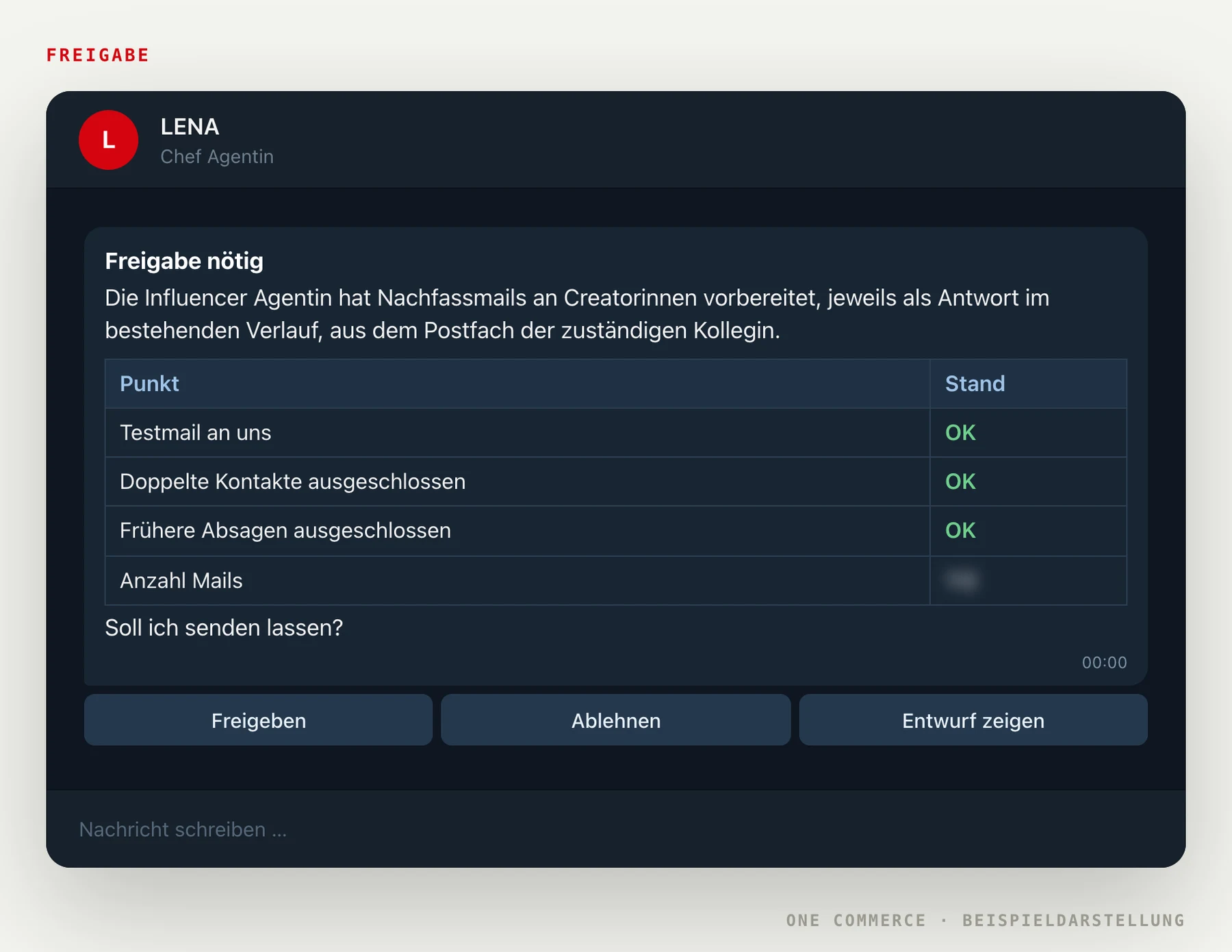 Freigabe im Telegram Chat: ein Agent legt einen Entwurf zur Entscheidung vor, mit Knöpfen zum Freigeben oder Ablehnen