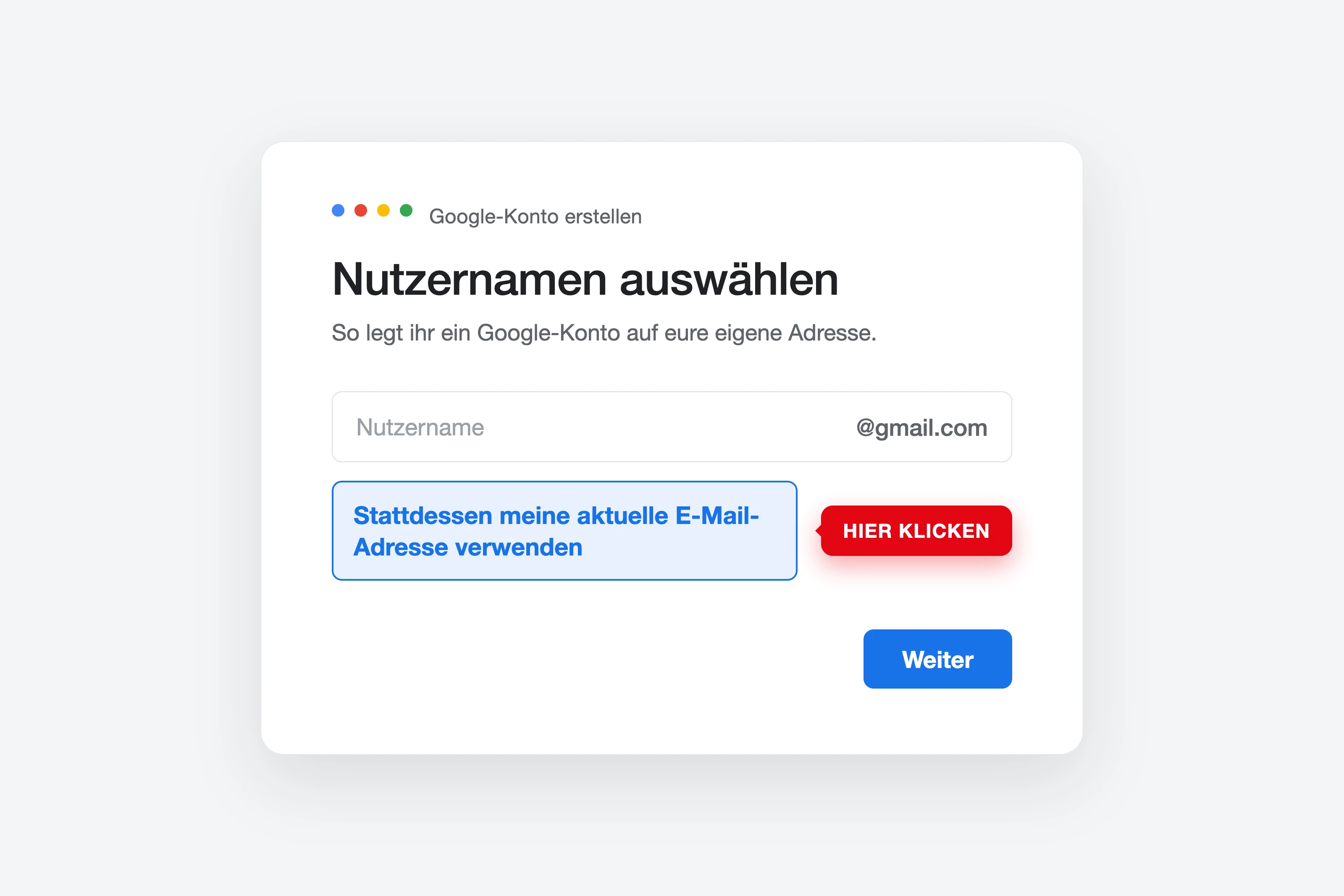 Der versteckte Link „Stattdessen meine aktuelle E-Mail-Adresse verwenden" unter dem Nutzernamen-Feld im Google-Anmeldeformular