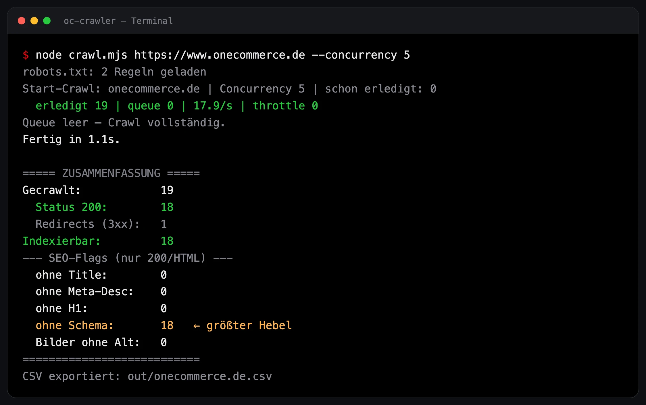 Terminal Ausgabe des Crawlers nach einem Lauf mit Statuscodes und SEO Flags