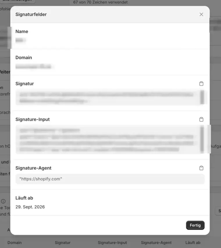 Das Fenster „Signaturfelder" mit den drei Werten Signatur, Signature-Input und Signature-Agent, jeweils mit Copy-Button
